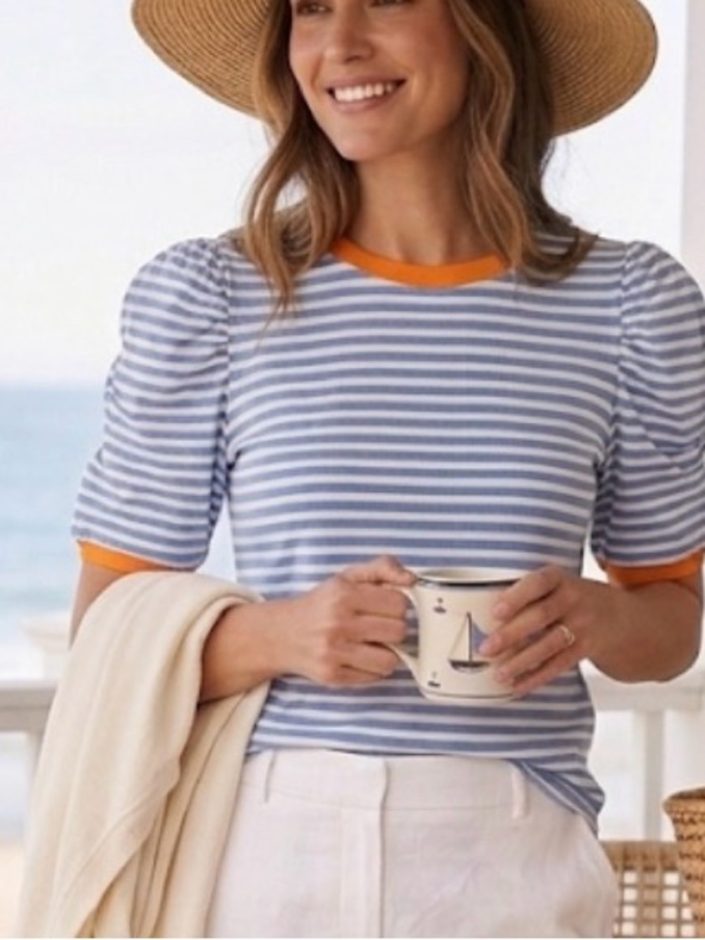 Rebecca Minkoff Blue Striped Ribbed Puff Sleeve Top Orange Trim Size‎ XL